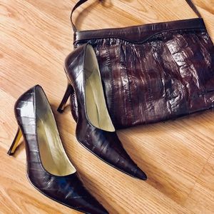 PELLE Moda Brown Gen EEL Skin Heels Free EEL Bag